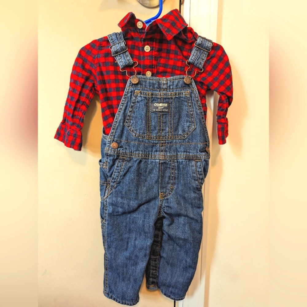 OshKosh B'gosh Boys Long Sleeve Onesie and Overalls Size 12 Months